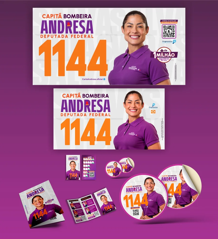 O material da campanha: faixas, panfleto, santinho, folder e adesivos redondos com o nome da Capitã Bombeira Andresa e o número 1144.